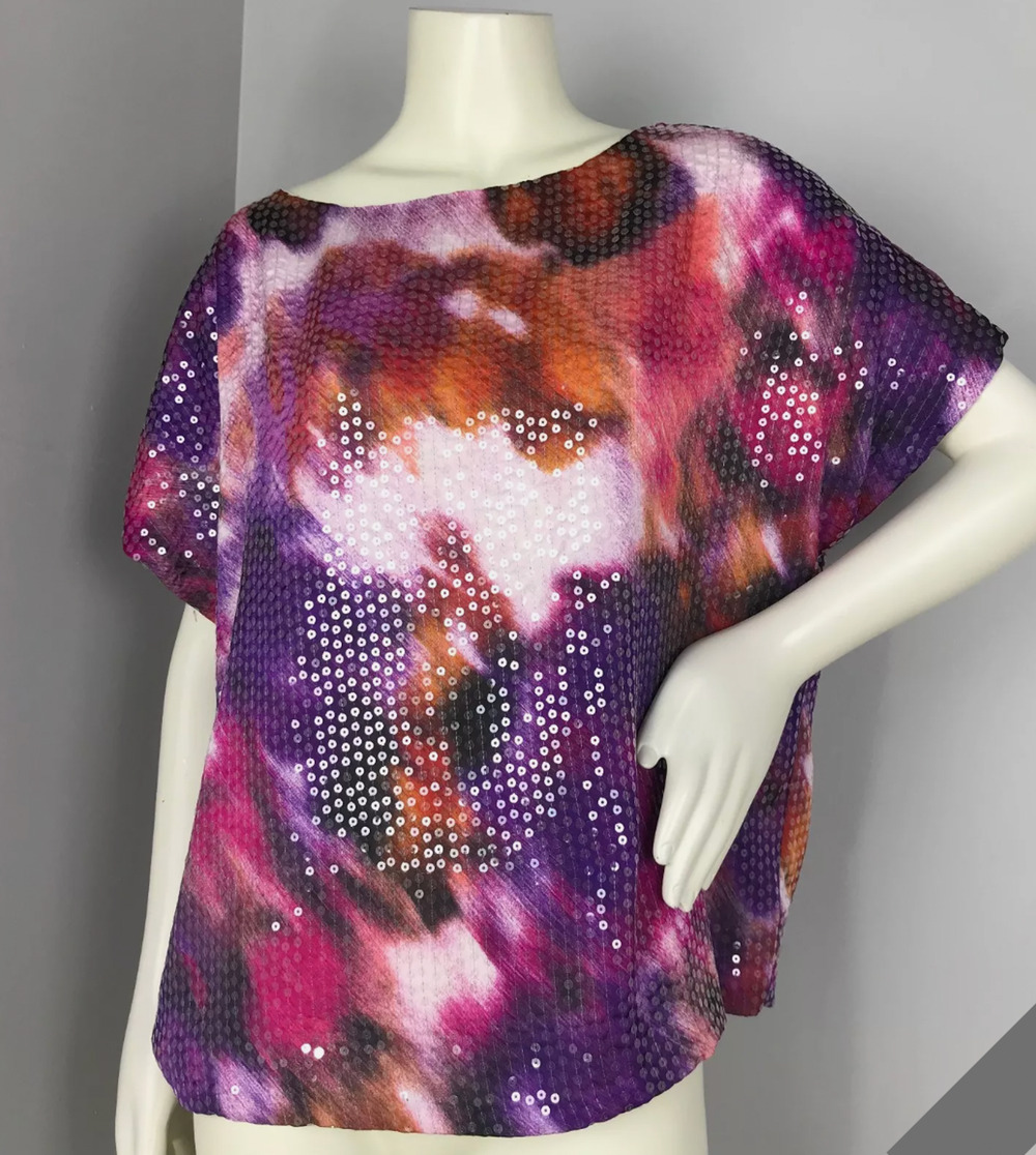 Vince Camuto Womens Multicolor Sequin Short Sleeve Top Size M
